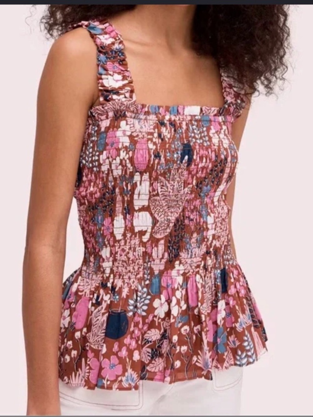 Kate Spade Smocked Floral Square-Neck Tank Top in Brown and Pink size S